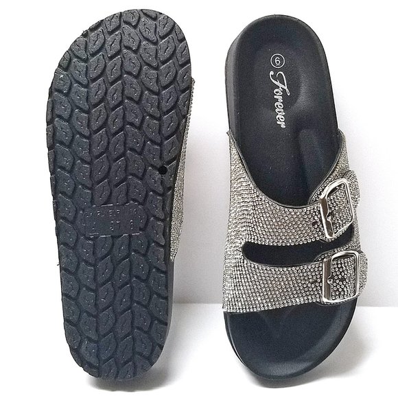 New Black Blingy Rhinestone Slip On Slides Sandals - Picture 3 of 3